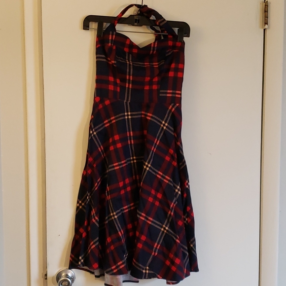 Topdress Dresses & Skirts - Navy blue dress with cream and red pattern